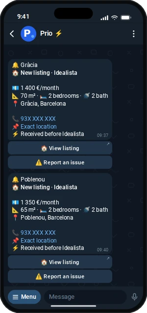 Example of Prio alerts in a Telegram conversation on a phone: 2-bedroom flat in Gràcia, Barcelona, €1,400 a month, received before Idealista.