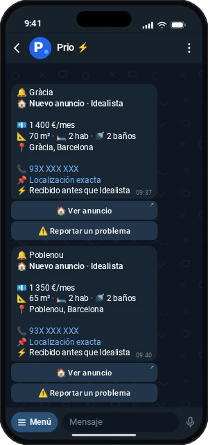Ejemplo de alertas de Prio en una conversación de Telegram en un teléfono: piso de 2 habitaciones en Gràcia, Barcelona, 1 400 € al mes, recibido antes que Idealista.